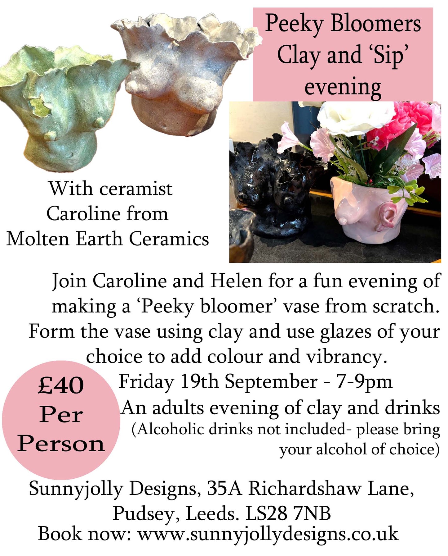 Perky bloomers Clay and 'Sip' ADULTS evening- Friday 23rd JAN 6-8pm