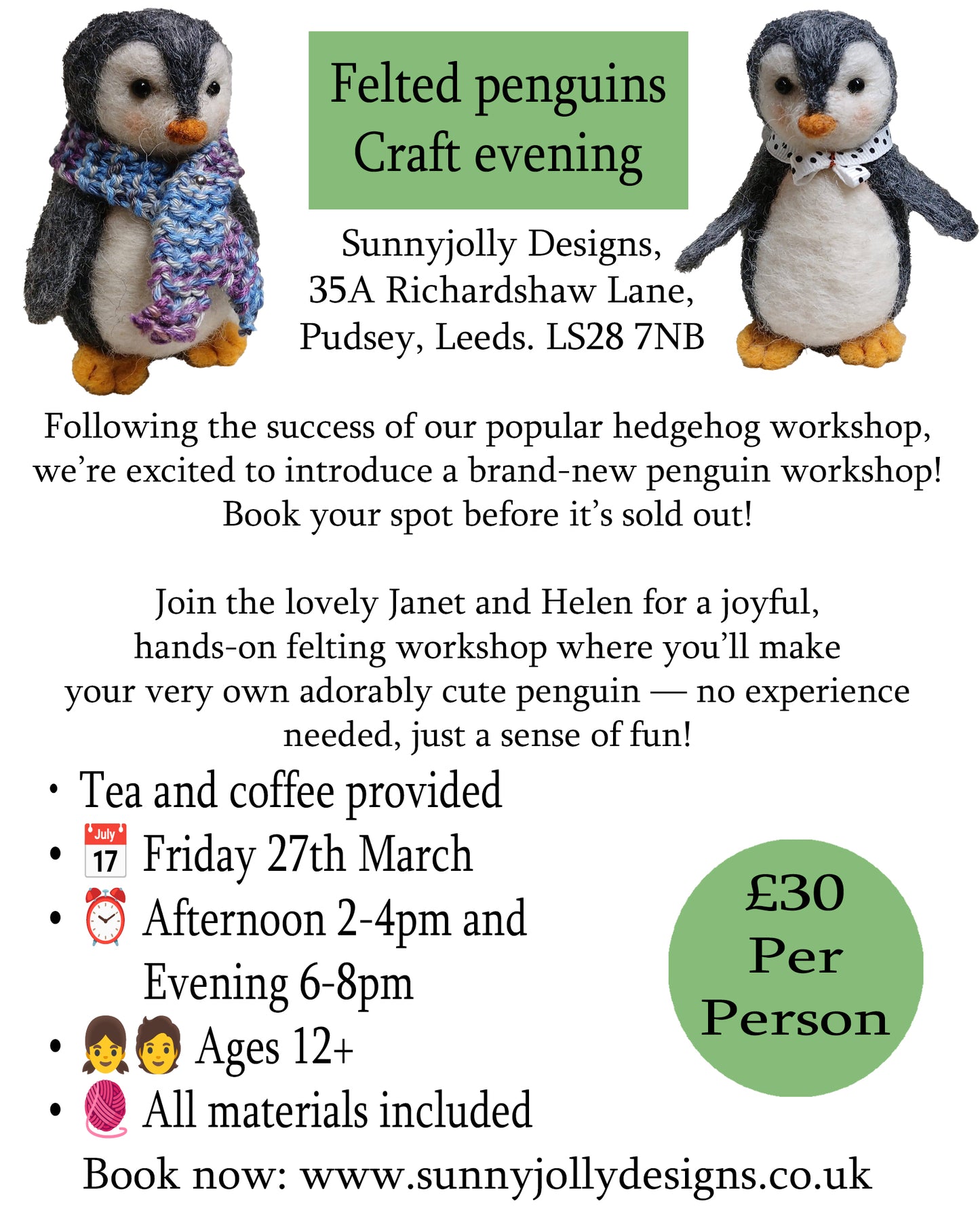 Make a felted penguin evening- Friday 27th March 2-4pm AND 6-8pm