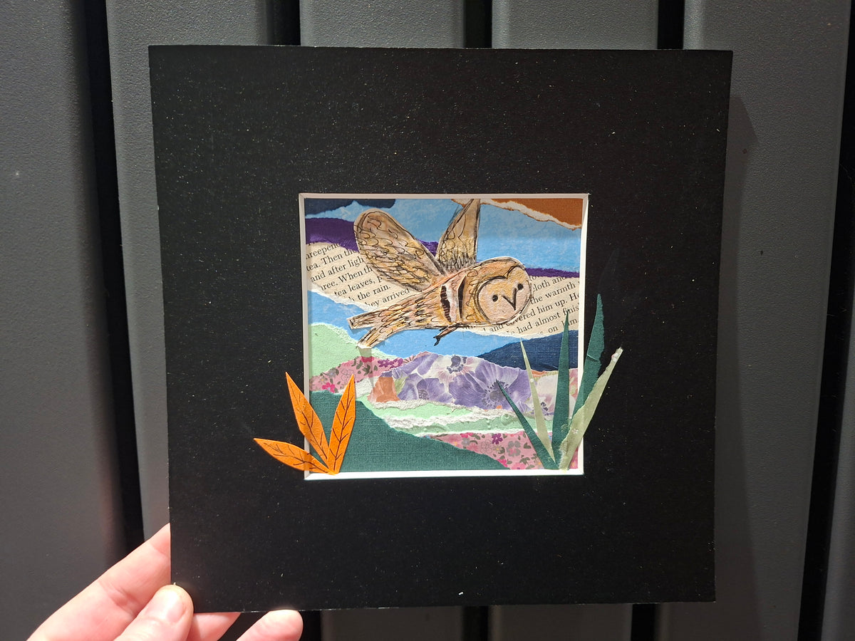 Owl collage original in black mount