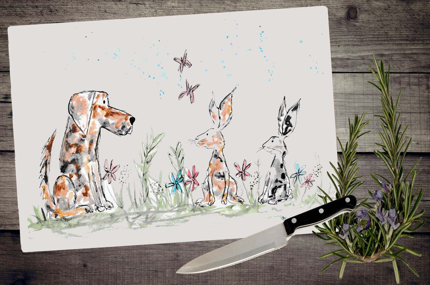 Dog and rabbit meadow chopping board / Worktop saver