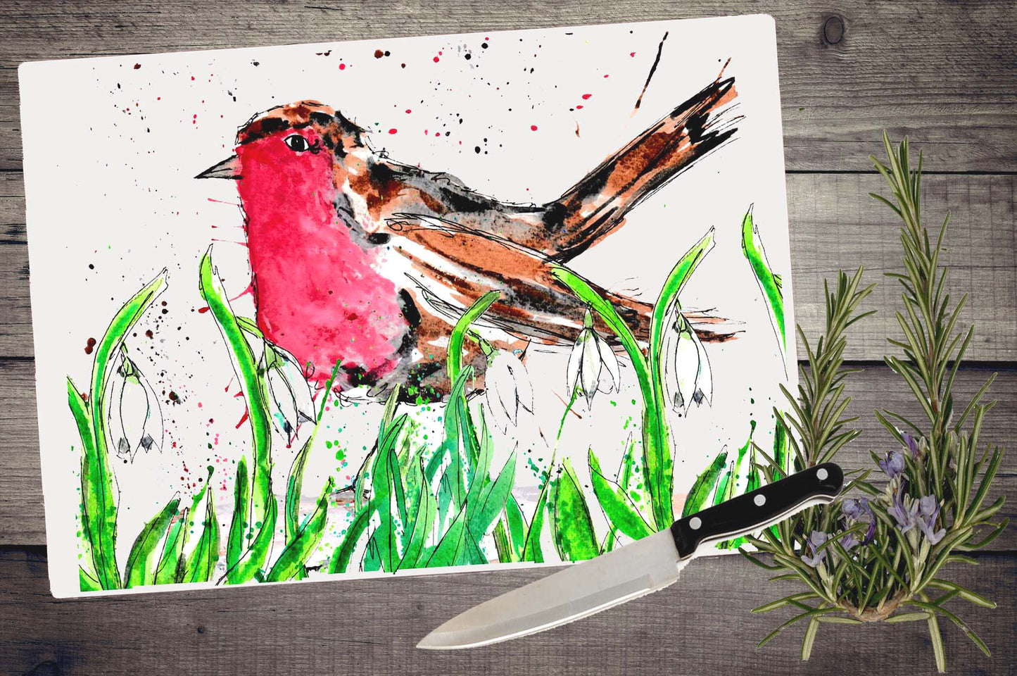 Robin and snowdrops chopping board / Worktop saver
