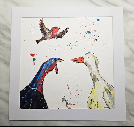 Festive friends- Goose, Turkey and Robin original painting