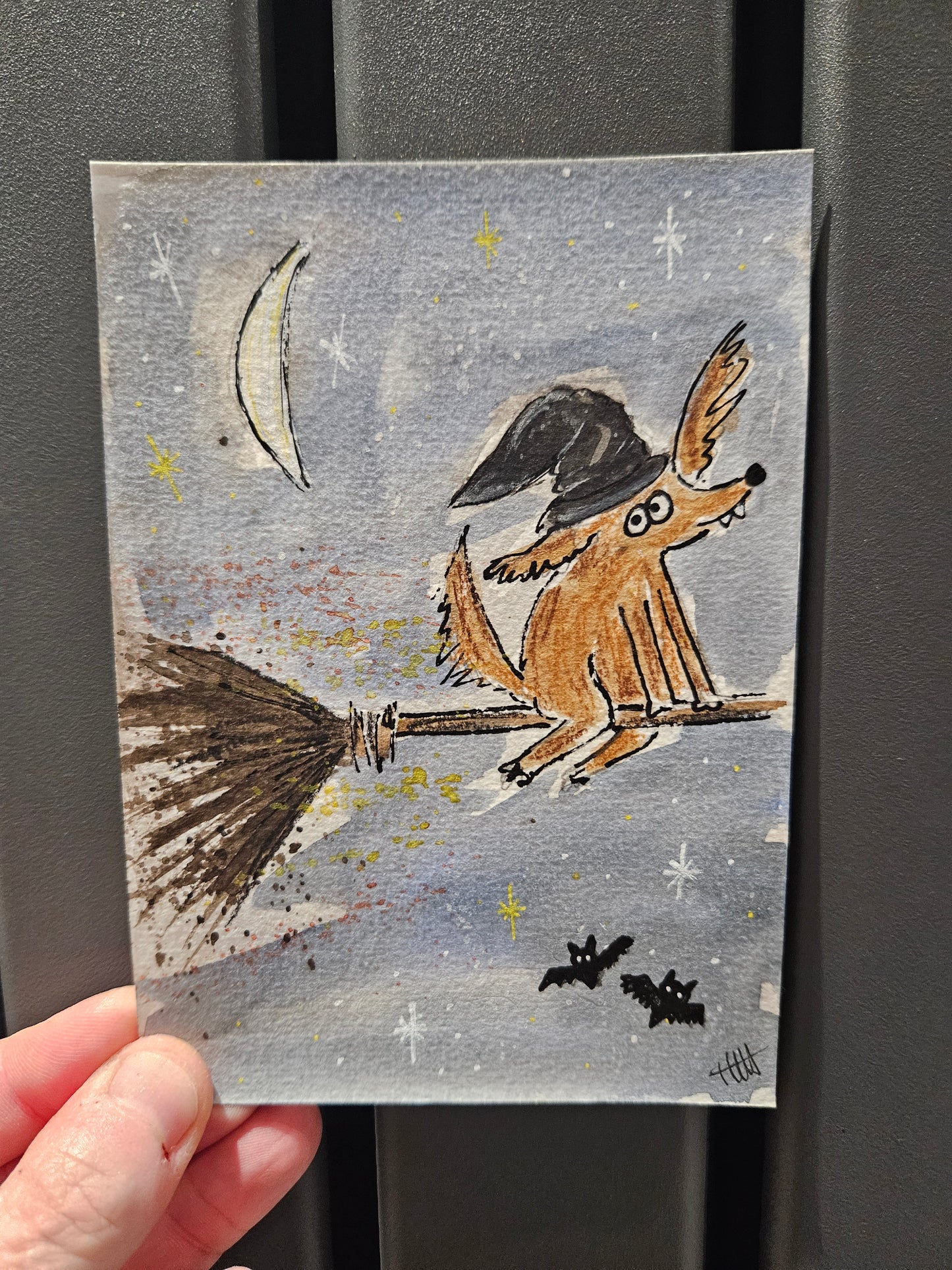 Fly by witchy dog illustration