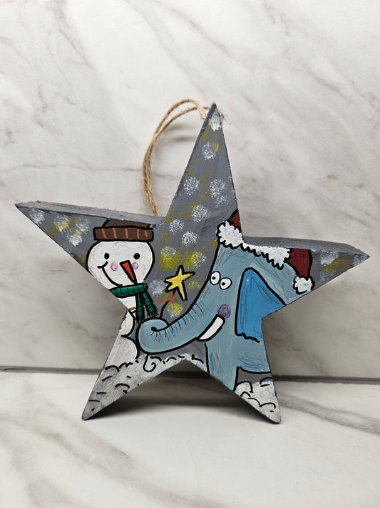 Christmas wooden star - elephant and snowman