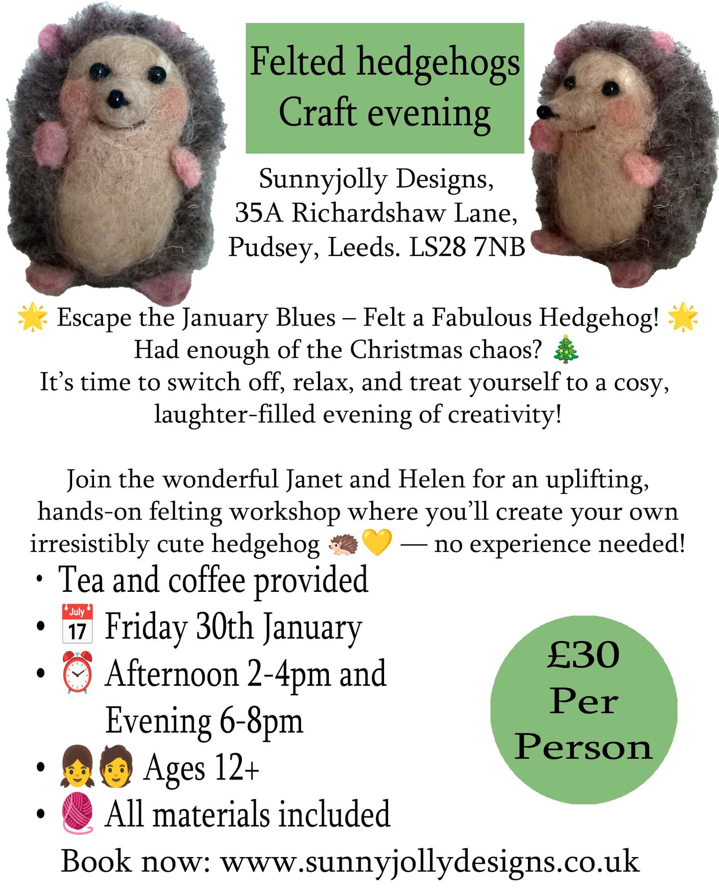 Make a felted hedgehog evening- Friday 30th JAN 2-4pm AND 6-8pm
