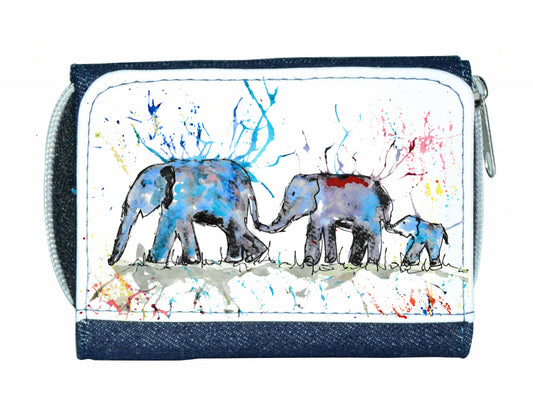 Elephant family row denim purse