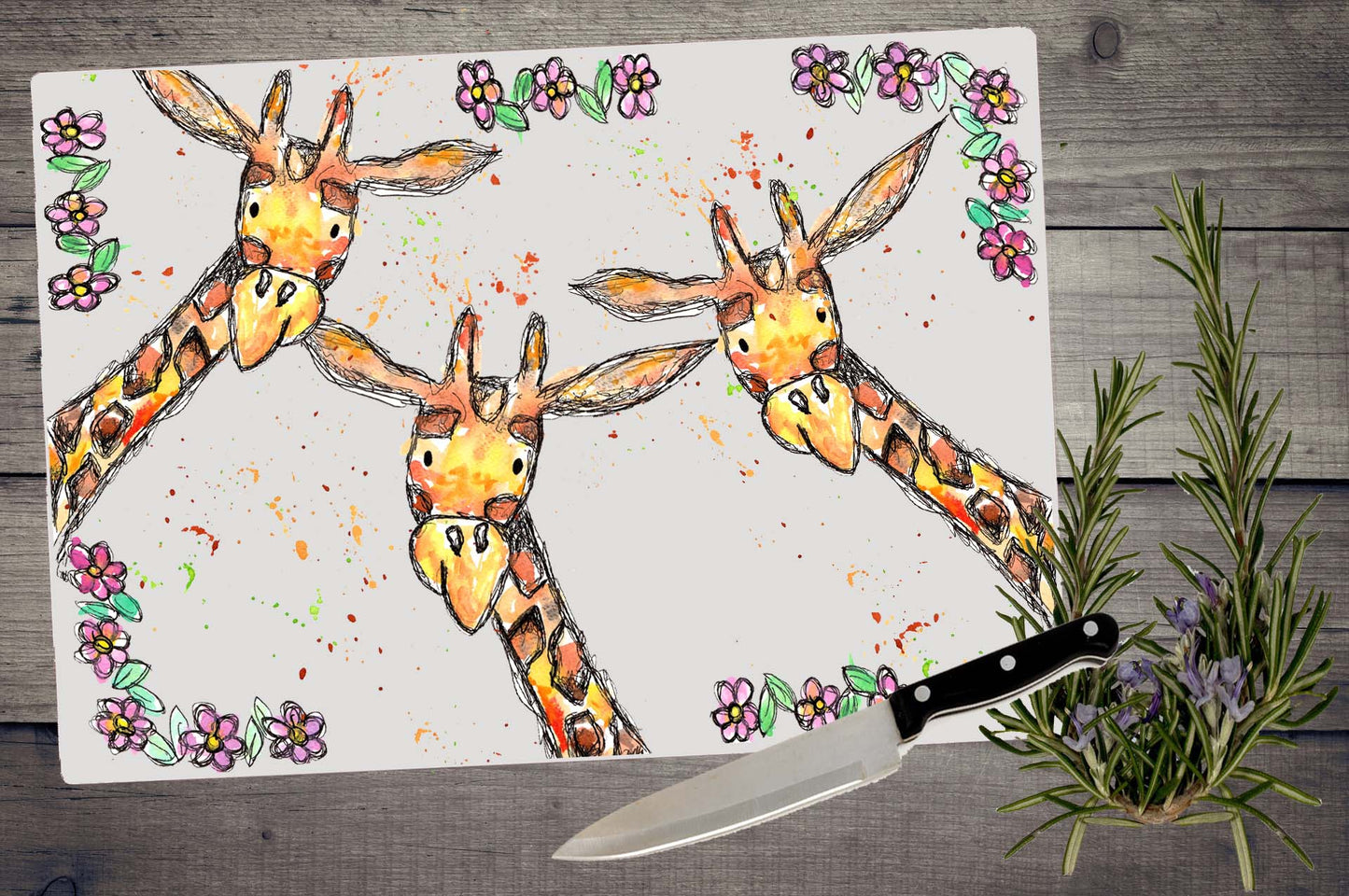 Floral giraffe chopping board / Worktop saver
