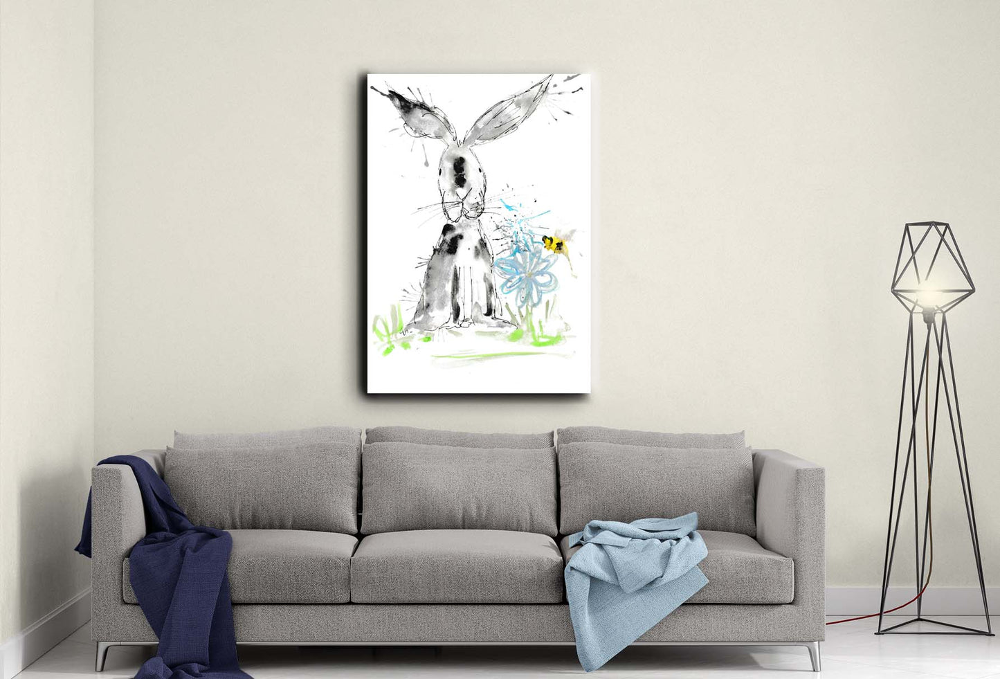 Grey rabbit and bee canvas- Ready to hang