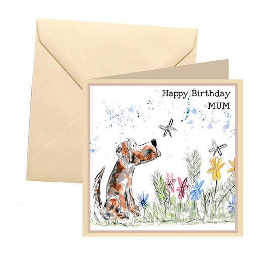 Mum dog meadow birthday card