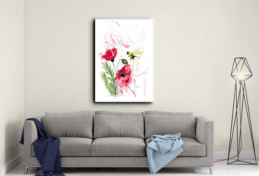 Poppy and bee canvas- Ready to hang